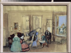 ニコラス・ゴーゴリ (1809-1852) による演劇「改訂者」の一場面 (N. ゴーゴリによる演劇「改訂者」の一場面) - コンスタンチン・イワノビッチ・ルダコフ (コンスタンティン・ロウダコフ) の作品 (1891-1949) ,紙に水彩とグワッシュ - Art scenograp 作： Konstantin Ivanovich Rudakov