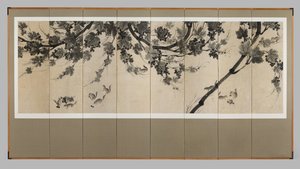 ブドウとシマリス、1800年頃（8パネルスクリーン：紙にインク） 作： Korean School