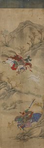 狩猟シーン（ウサギと神話上の動物を乗せた3人のライダー）（紙にトイレ） 作： Korean School