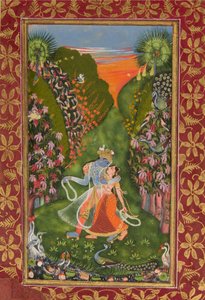 ラダとクリシュナが花の木立の中を歩く」 recto, クリシュナがフルートを吹く verso, c1720 r, c1750-75 v 作： Kota Master