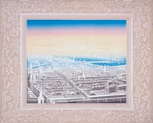 飾り枠で囲まれたロンドンの航空写真、c1845。 作： Kronheim and Co