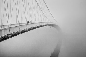 霧のかかった橋の上の人々