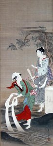 三島の水晶の川の二人の美女 (絹にインク、胡粉、彩色)
