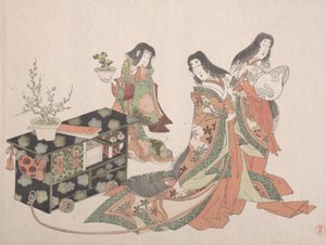 宮廷の女性がキャビネットを床に引きずっている様子 19世紀 作： Kubo Shunman