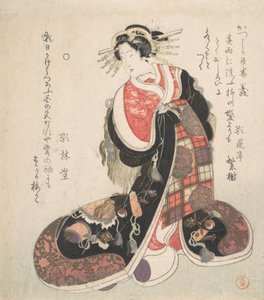幸運の紋章を刺繍した精巧なガウンを着た宮廷女官 1800年頃 作： Kubo Shunman