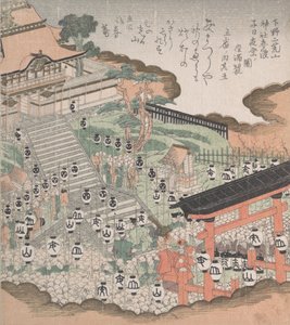 19世紀、二荒神社の前で祭りの踊りを見る人々の群れ。 作： Kubo Shunman