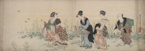 野の花と蝶を楽しむ 4 人の少女と使用人