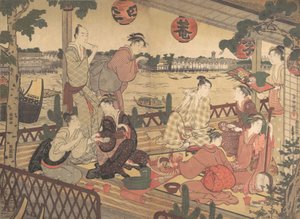 隅田川のほとりの茶店で食事をする2人の若者と数人の女性（1788年頃）。 作： Kubo Shunman