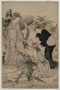 ブッシュ クローバーの枝を切る女性。 六多摩川無題 近江国野路多摩川 作： Kubo Shunman