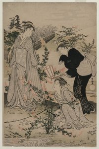 ブッシュクローバーの枝を切る女性たち、1780年代後半、近江地方の野地多摩川... 作： Kubo Shunman