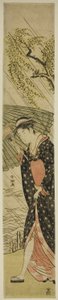 雨の中、川岸を歩く若い女性 作： Kubo Shunman