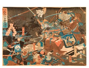 2人の将軍の間の川中島の大きな戦い、1859-71年頃（紙に木版画）