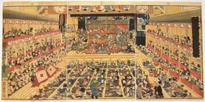 Odori-keiyo Edo-e no Sakae: Theatre interior with Shibaraku performance, 1858 作： Kunisada