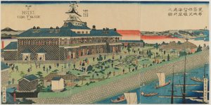 明治東部東都築地ホテルの海辺の庭園、1868年（色木版画） 作： Kuniteru II Utagawa