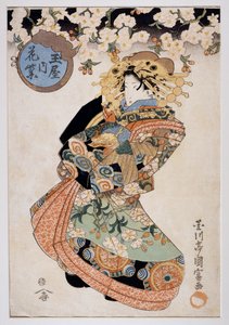 Courtesan Hanamurasaki from Tamaya teahouse, Ca 1830, Ukiyo-e art print by Utagawa Kunitomi (active 1810-1830), Oban-tate-e woodcut, 38.2x26.5 cm, Japanese civilization 作： Kunitomi Utagawa