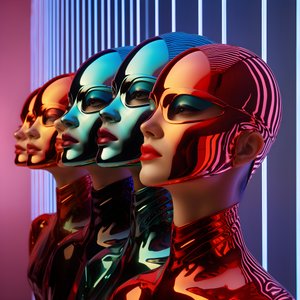 超現実的でパラメトリックな未来建築の 3D パラメトリック蛍光プラスチック マスクを持つ 6 人の女性、3 人