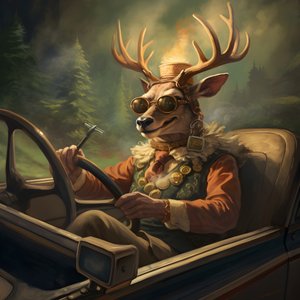 オープンカーを運転する葉巻をくわえた鹿 1