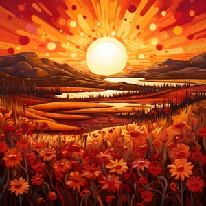 野の花畑と大胆な赤い太陽が描かれた抽象的な風景画。2