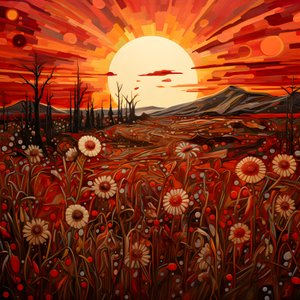 野の花畑と大胆な赤い太陽が描かれた抽象的な風景画。3