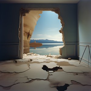 巨大な湖と砂漠のある未使用の部屋のイメージ。 作： Kurt Heppke