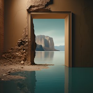 巨大な湖と砂漠のある未使用の部屋のイメージ。
