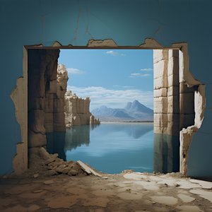 フューチャーコアの巨大な穴の中にある巨大な湖と砂漠のある使われていない部屋のイメージ。