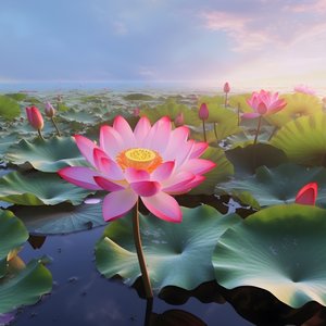 澄み切った水面に咲く大輪の美しい蓮の花、蓮の葉の緑、蓮の花の露。夕日が水面を照らす。