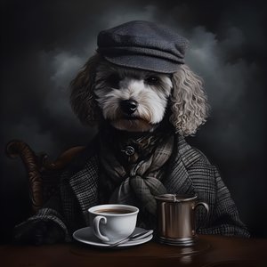 洗練されたプードルが紅茶を飲み、タートルネックとフラットキャップを着用。