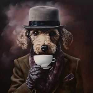 洗練されたプードルが紅茶を飲み、タートルネックとフラットキャップを着用。