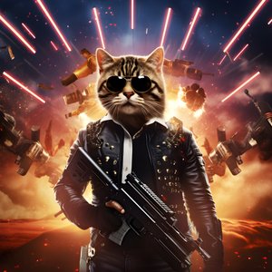 黒と白の水玉模様のシャツを着て、ピカピカのサングラスをかけた猫の映画ポスター。背景は爆発と大砲。
