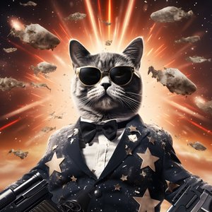 黒と白の水玉模様のシャツを着て、ピカピカのサングラスをかけた猫の映画ポスター。背景は爆発と大砲。 作： Kurt Heppke