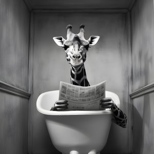 新聞紙を持ってトイレに座る幸せなキリン 1 作： Kurt Heppke
