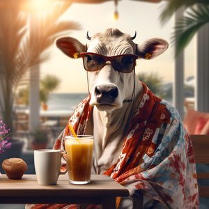 冷たいコーヒーを眺めるサングラスの牛 2