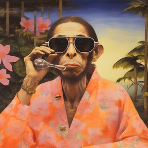 サングラスをかけた着物姿のサルのアップ。