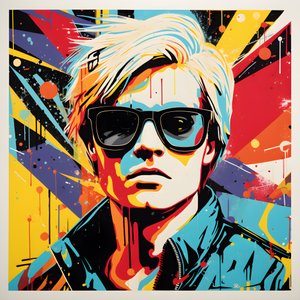 アンディ・ウォーホル、ロイ・リキテンシュタイン、ロバート・ラウシェンバーグ、ジャスパー・ジョーンズ、キース・ヘリングのスタイルで、ポップアートの肖像画、半身、カラフル、グラフィック、モーニング。