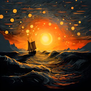 夕焼け、オレンジイエローの太陽、雲、大きな空に浮かぶ5つの回転する円の雲、点在する波と波に映るオレンジイエローの夕焼け雲、沖に出航するボート 1
