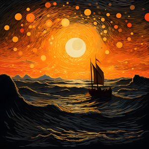 夕焼け、オレンジイエローの太陽、雲、大きな空に浮かぶ5つの回転する円の雲、点在する波と波に映るオレンジイエローの夕焼け雲、沖に出航するボート 4