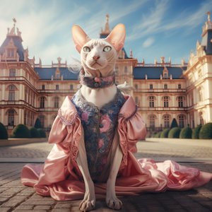 壮麗な中世風の宮殿を背景に、舞踏会のガウンを着たスフィンクス猫 1