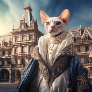 壮麗な中世風の宮殿を背景に、舞踏会のガウンを着たスフィンクス猫 4
