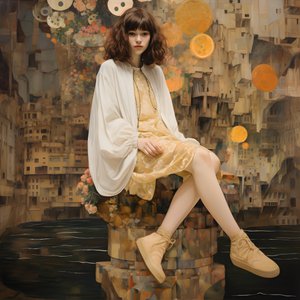 川が流れる廃墟に座る、青いドレスと高いスケート靴を履いたティーンエイジャー 2