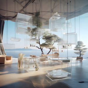 中央に島テーブルを配した透明な建物 1 作： Kurt Heppke