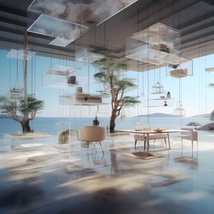 真ん中に島テーブルのある透明な建物 3 作： Kurt Heppke