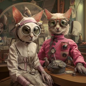 擬人化された2匹の猫、オスとメス、キューブリック合成1