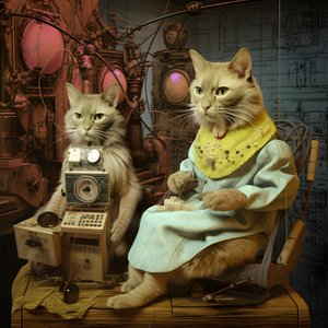 擬人化された2匹の猫、オスとメス、キューブリック的合成物2