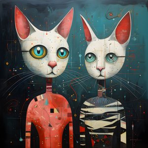 擬人化された2匹の猫、オスとメス、キューブリック的合成物3