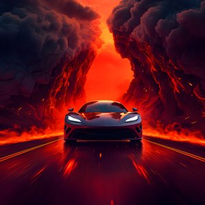 赤く光る道を高級車が走っている。