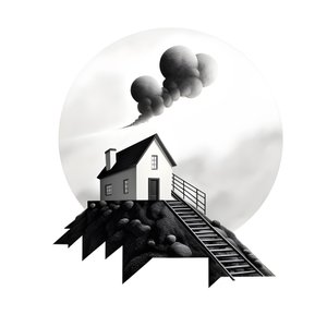 ソーラーパネルが設置された家のイラストと、その後ろに描かれた右上向きの大きな矢印。