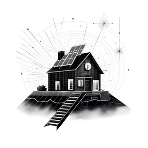 ソーラーパネルが設置された家のイラストと、その後ろに描かれた右上向きの大きな矢印。