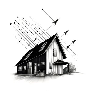 ソーラーパネルが設置された家のイラストと、その後ろに描かれた右上向きの大きな矢印。 作： Kurt Heppke