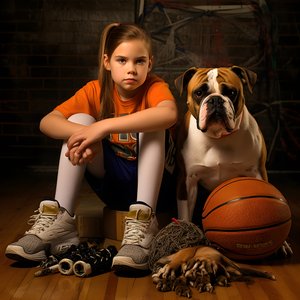 10歳の少女が愛犬と一緒に床に座り、写真の入ったフォルダーを持って待っている。